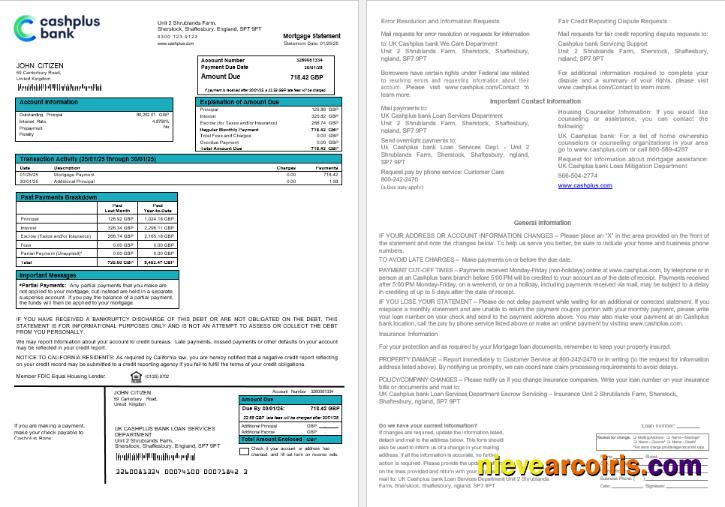 United Kingdom Cashplus bank mortgage statement